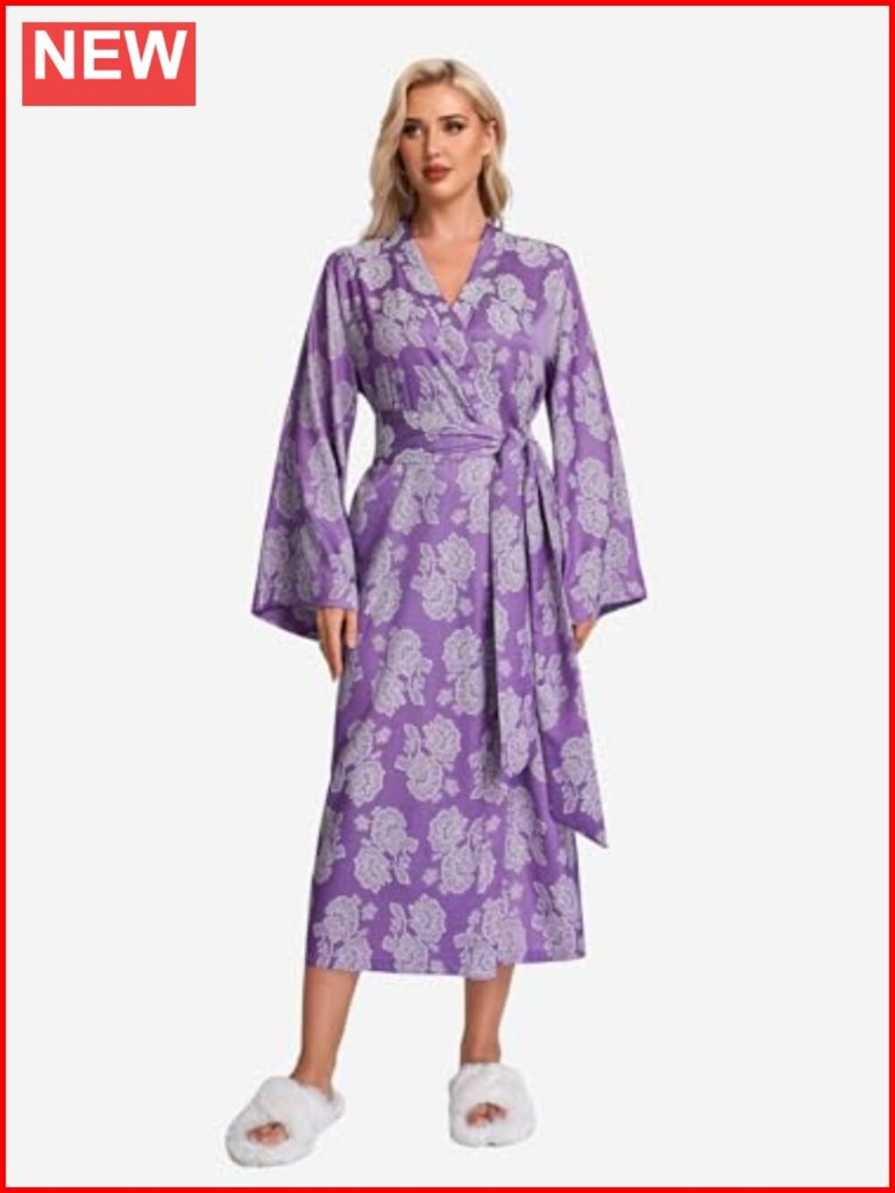 Satin Floral Jacquard Long Robe With Belt Kimono Loungewear Bell Sleeves Ankle